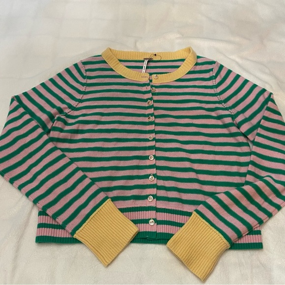 New! Free People nocturnal stripe cardi Green Yellow pink Cardigan 2333 - Picture 5 of 11